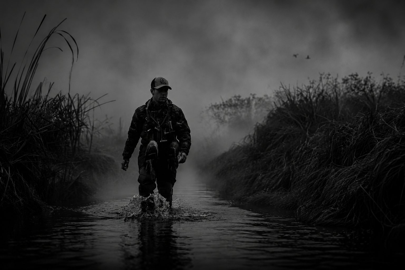 A hunter wading a fogged-in Idaho slough before sunrise